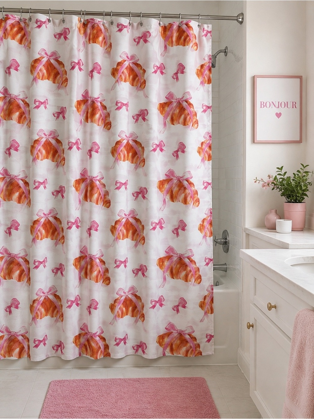 🥐🎀 NEW Pink Water Resistant Fabric Shower Curtain